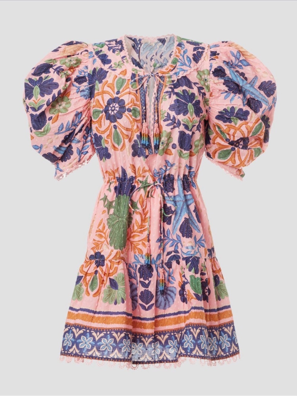 FARM Rio Pink Multi Floral Puff-Sleeve Seashell Mini Dress. Medium.